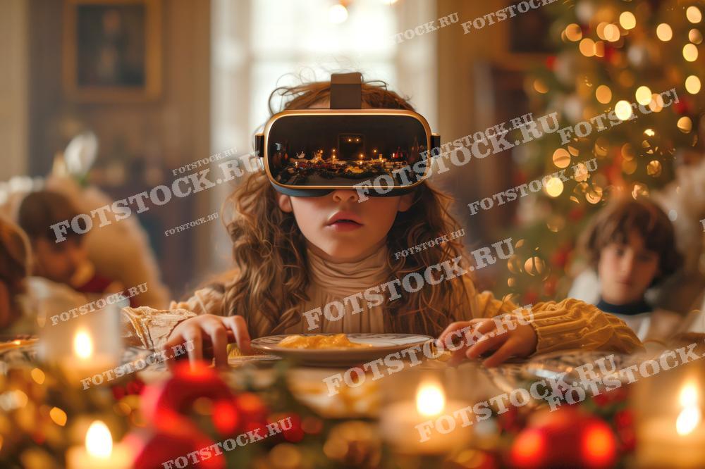 На фотографии изображена девочка, сидящая за рождественским столом и надевающая очки виртуальной реальности. Вокруг нее праздничная атмосфера: на столе горят свечи, а в комнате украшенная елка и новогодние украшения. Фон расфокусирован, что подчеркивает уют и тепло семейного праздника. Совмещение современных технологий и традиционного рождественского ужина символизирует соединение прошлого и будущего.